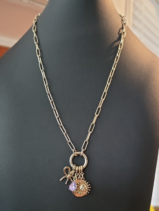 J. Crew Jewelry - J.Crew Paperclip Charm Builder Ring Necklace Set – Bow, Sun Face, Purple Gem